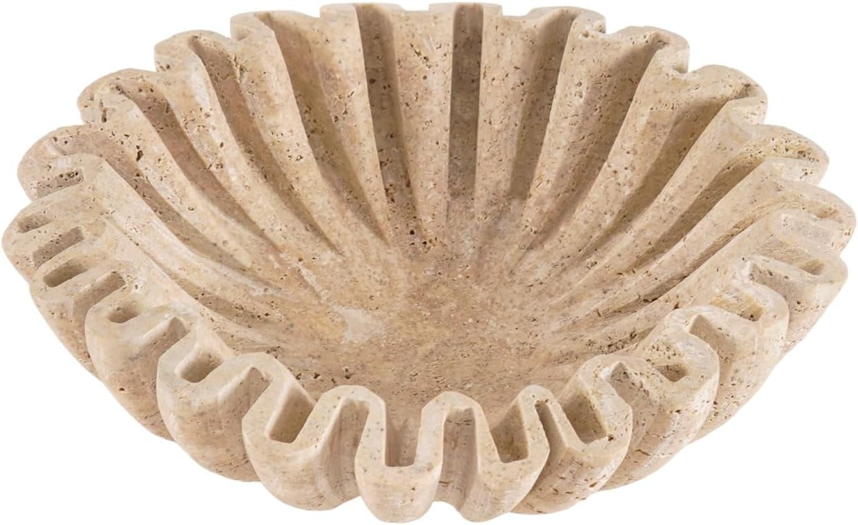 Travertine Ruffle Bowl 6 Inch Handmade Key Bowls for Entryway, Decorative Stone Bowl for Candy, Rings & Jewelry - Coffee Table Centerpiece for Vintage Home & Kitchen Décor