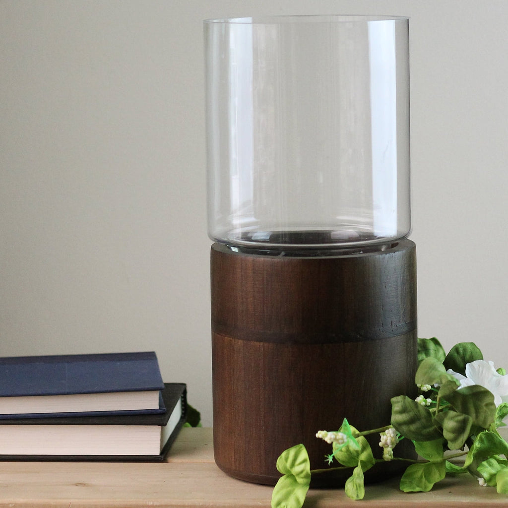 Northlight 12" Clear Glass Hurricane Pillar Candle Holder with Wooden Base