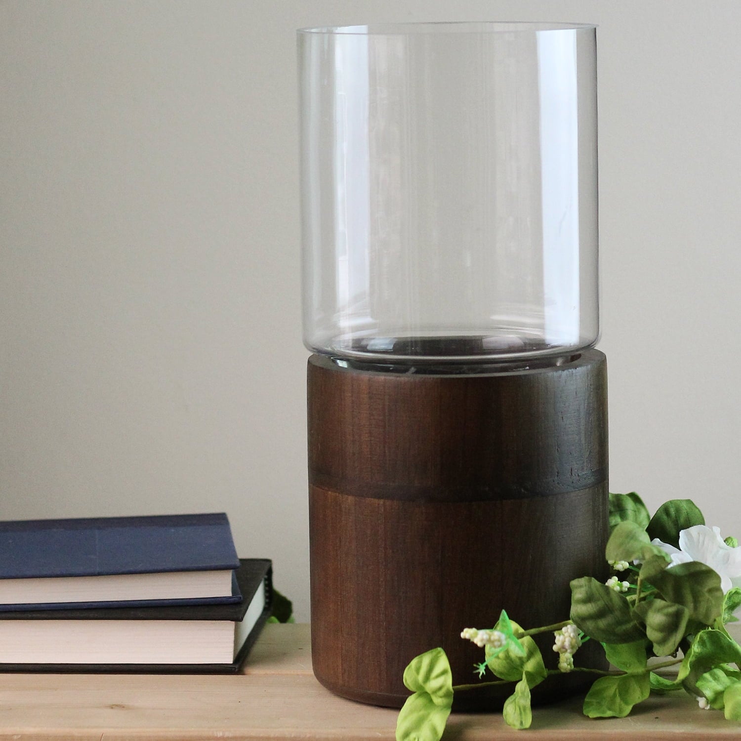 Northlight 12" Clear Glass Hurricane Pillar Candle Holder with Wooden Base