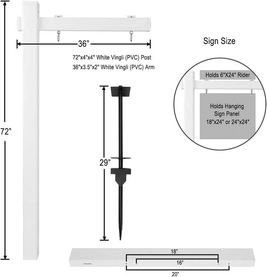 VINGLI 6' Vinyl PVC Real Estate Sign Post,  Realtor Home for Sale Hanging Ads, Business Hours Advertisement Post for Yard , Open Houese Direction, 36" Arm Holds Up to 24" Sign, White