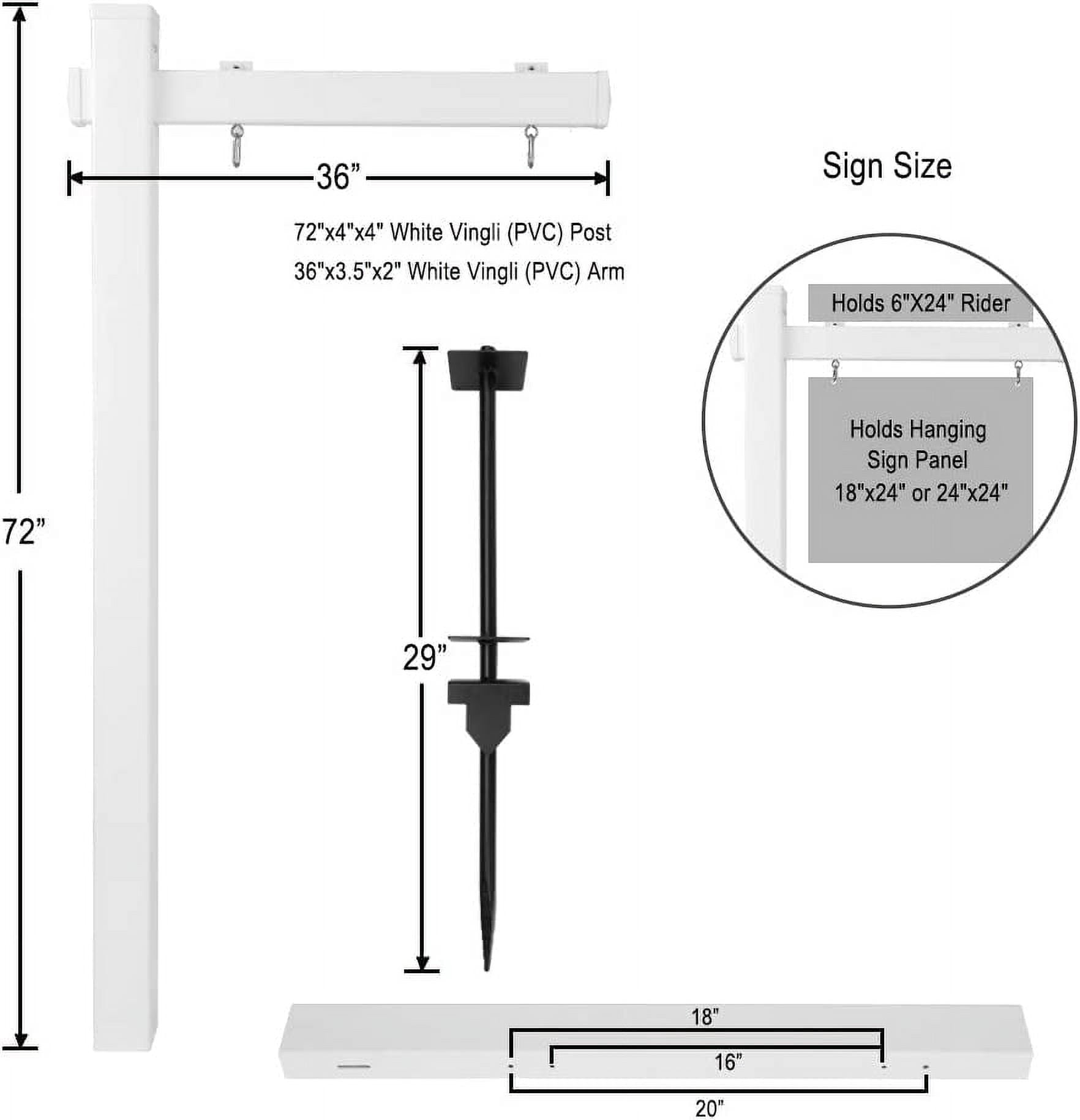 VINGLI 6' Vinyl PVC Real Estate Sign Post,  Realtor Home for Sale Hanging Ads, Business Hours Advertisement Post for Yard , Open Houese Direction, 36" Arm Holds Up to 24" Sign, White