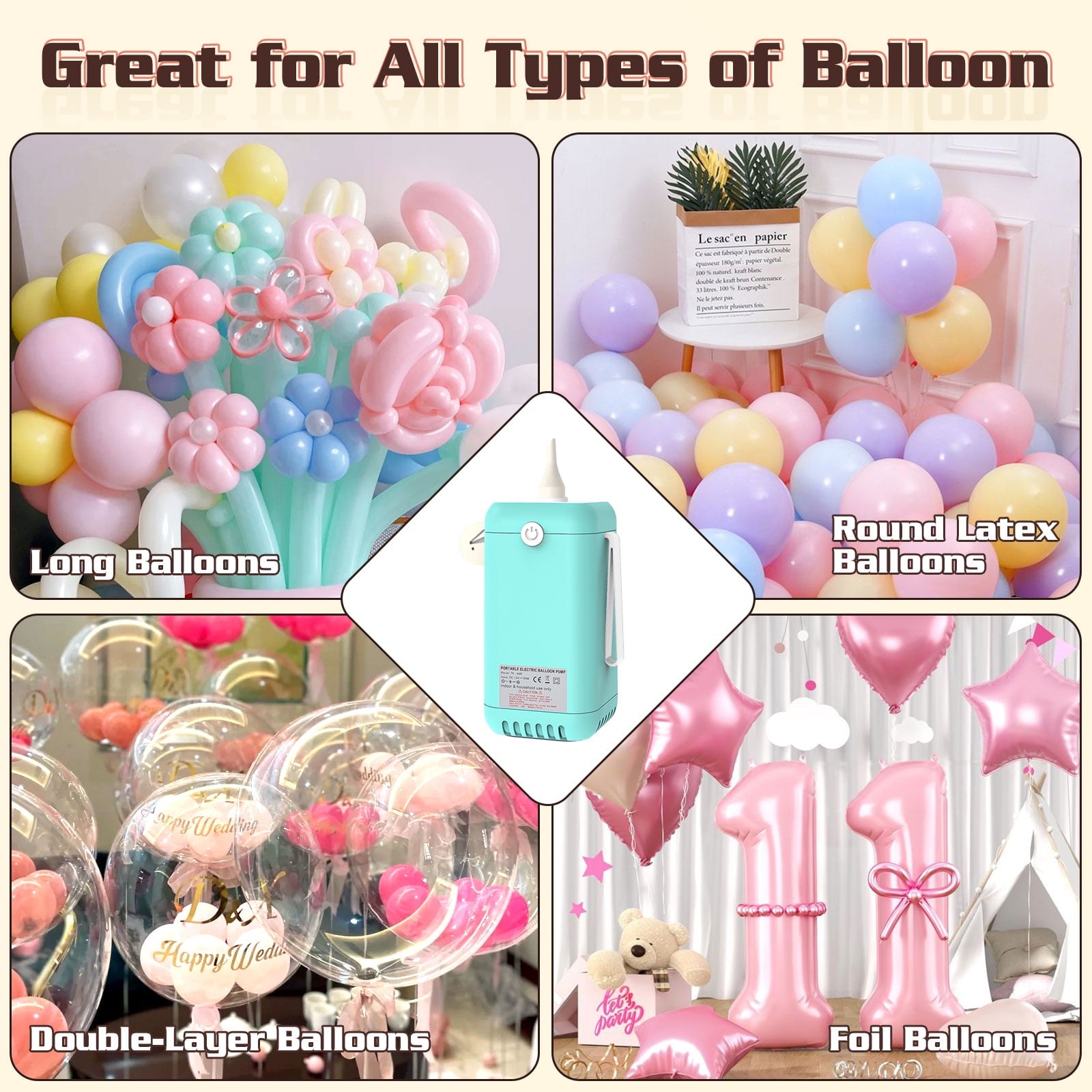 2-in-1 Electric Air Balloon Pump，Balloon Inflator for 260q,Foil, Latex Balloons and Sport Balls