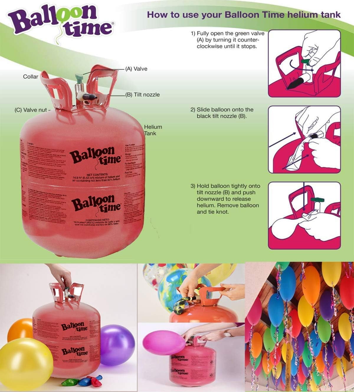 Balloon Time Disposable Helium Tank with Drawstring Backpack, 50 Balloons and Ribbon