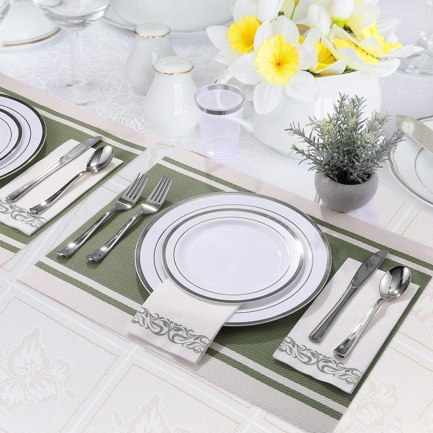FOCUSLINE Silver Dinnerware Set, Heavy Duty Disposable Plastic Plates, 50 Plastic Plates-25 Plastic Silverware-25 Plastic Cups-25 Paper Napkins, 175 Pack