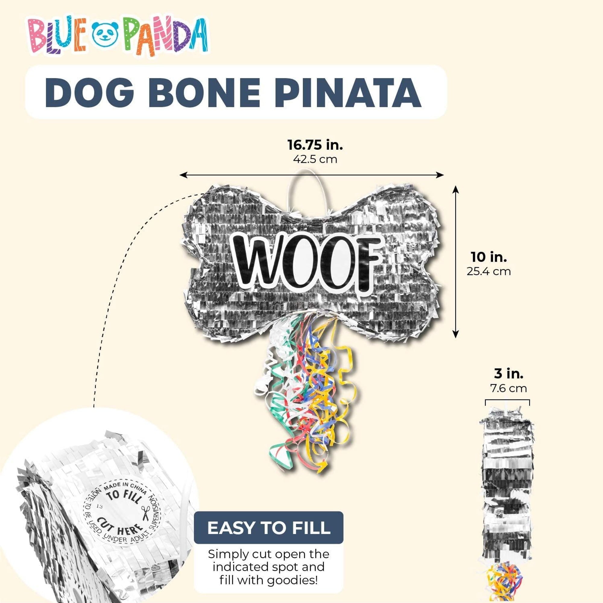 Pull String Dog Bone Pinata for Puppy Birthday Party Decorations, Silver Foil (Small, 16.8 x 10 x 3 In)