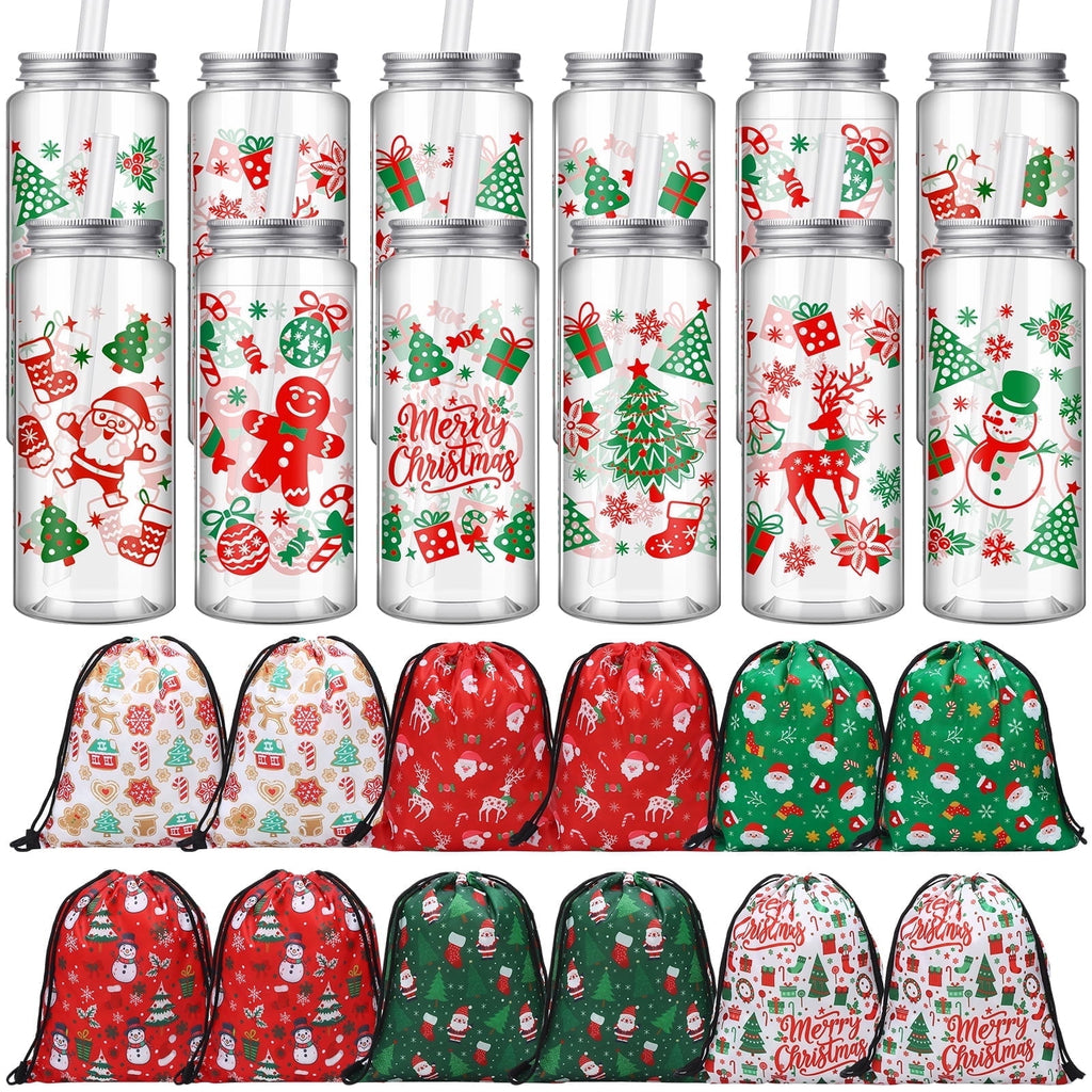 sixwipe 12PCS Plastic Tumbler and 12PCS Christmas Gift Bags, 14.2 oz Christmas Plastic Tumblers with Lids and Straws and Fabric Christmas Wrapping Bags Drawstring Gifts Bag for Presents Party