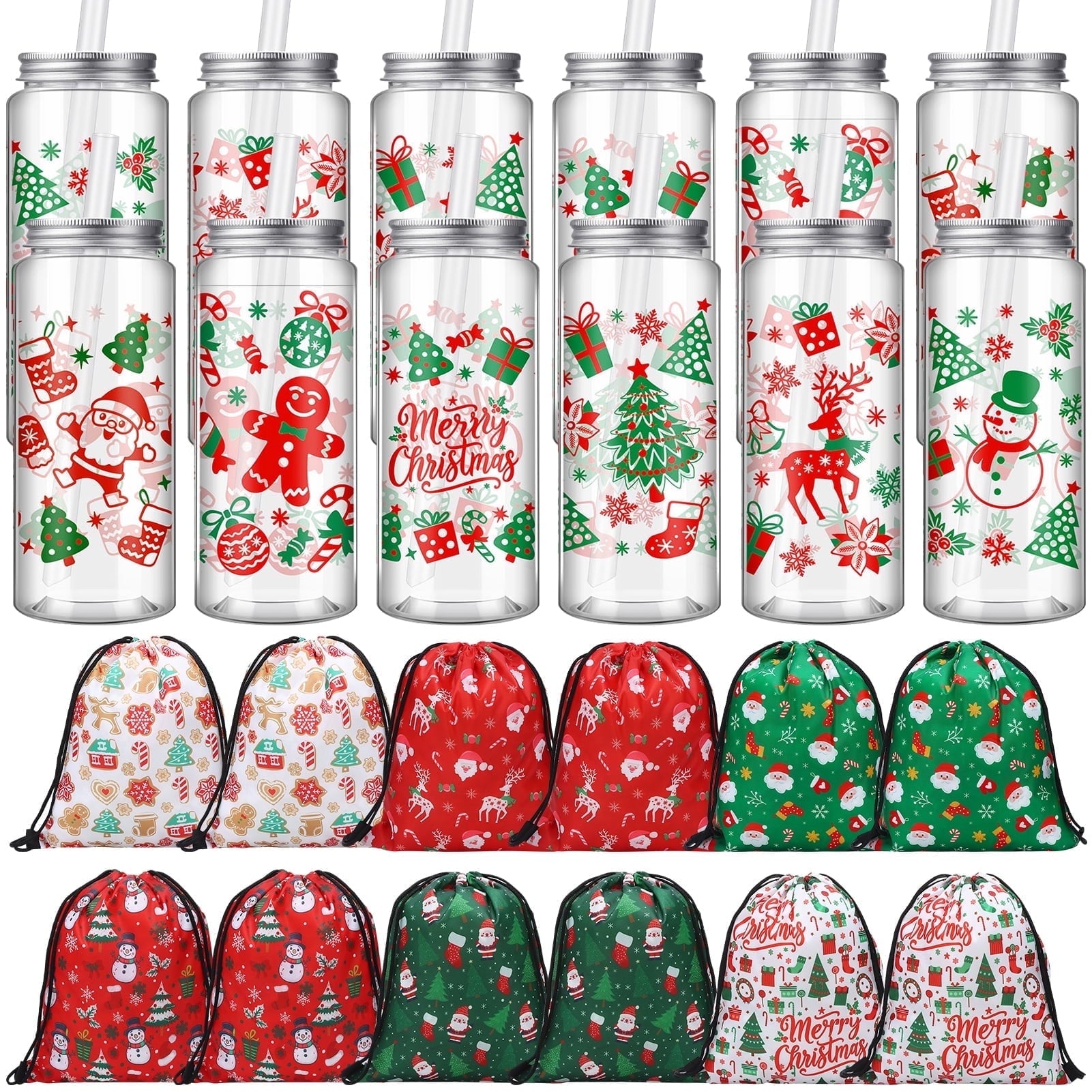 sixwipe 12PCS Plastic Tumbler and 12PCS Christmas Gift Bags, 14.2 oz Christmas Plastic Tumblers with Lids and Straws and Fabric Christmas Wrapping Bags Drawstring Gifts Bag for Presents Party