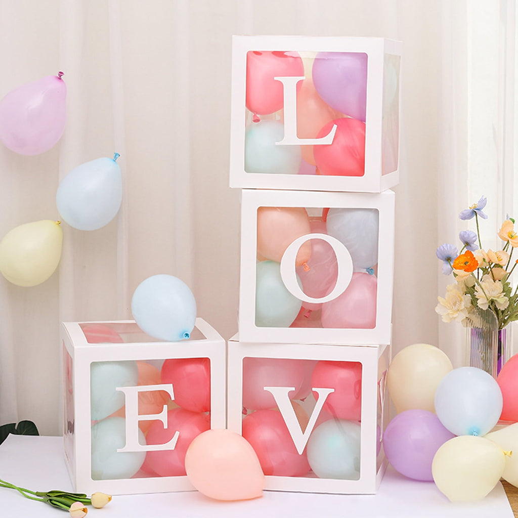 tasrioml 4 Pcs Balloon Box DIY Assembly Transparent Paper Box Balloon Box with Letters Reusable Stackable Cube Decorative Box for Party Wedding Birthday